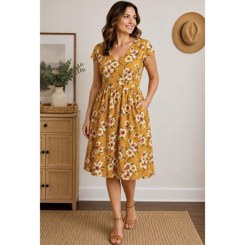 Garnet Hill Midi Dress Womens Sz 14 Mustard Yellow Floral Pockets Short Sleeve - Picture 1 of 13